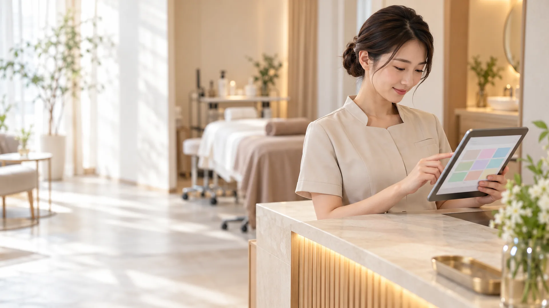 受付でタブレットの予約表を見るスタッフ